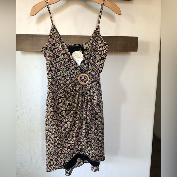 Altar’d State|Boho ditsy floral Neutral mini dress with bamboo wooden circle•NWT - Picture 1 of 15